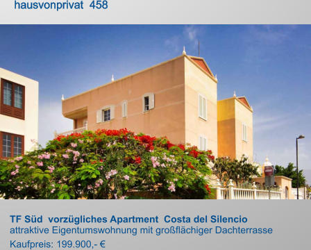TF Süd  vorzügliches Apartment  Costa del Silencio attraktive Eigentumswohnung mit großflächiger Dachterrasse Kaufpreis: 199.900,- €        hausvonprivat  458